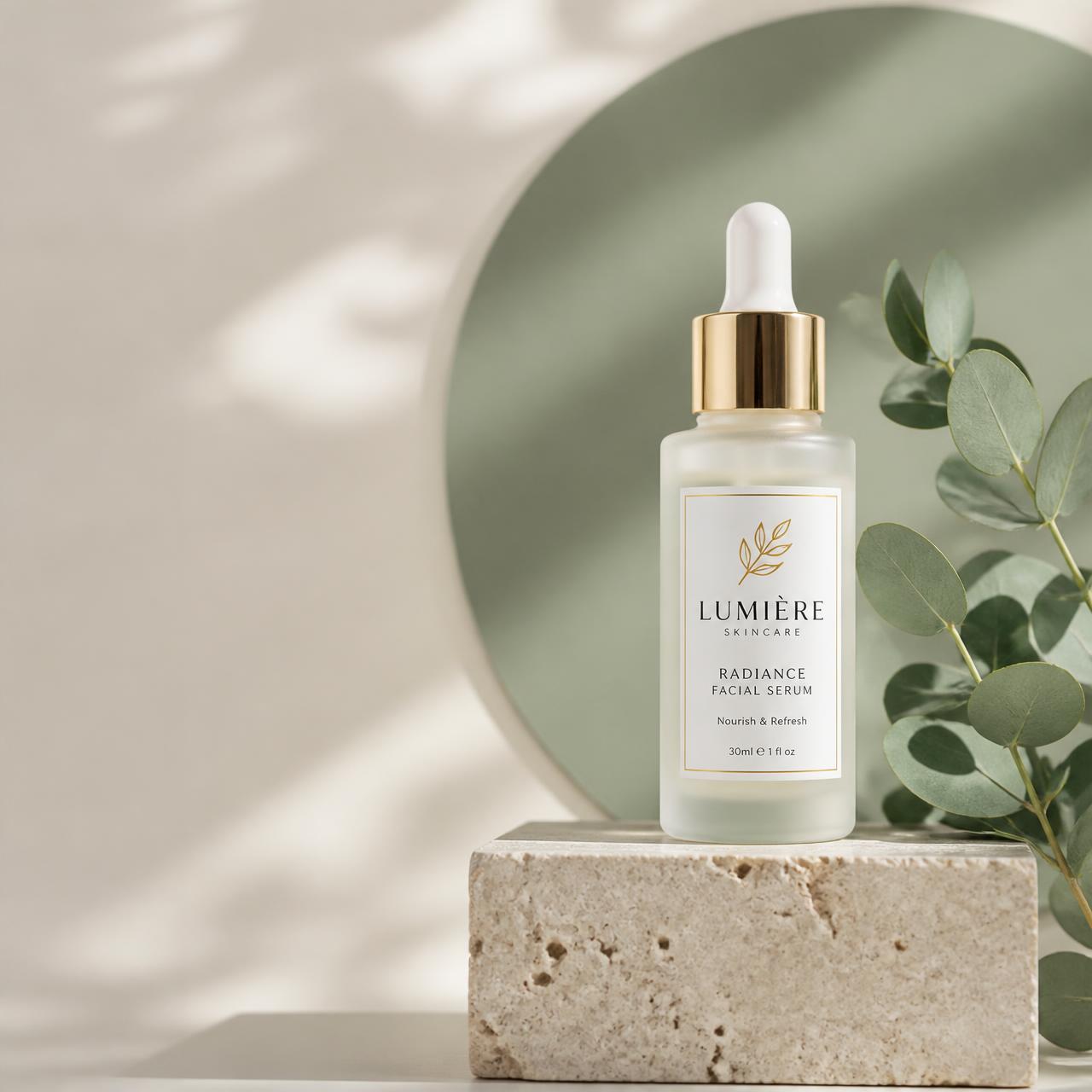 Sukoon facial serum bottle resting on travertine stone beside eucalyptus leaves
