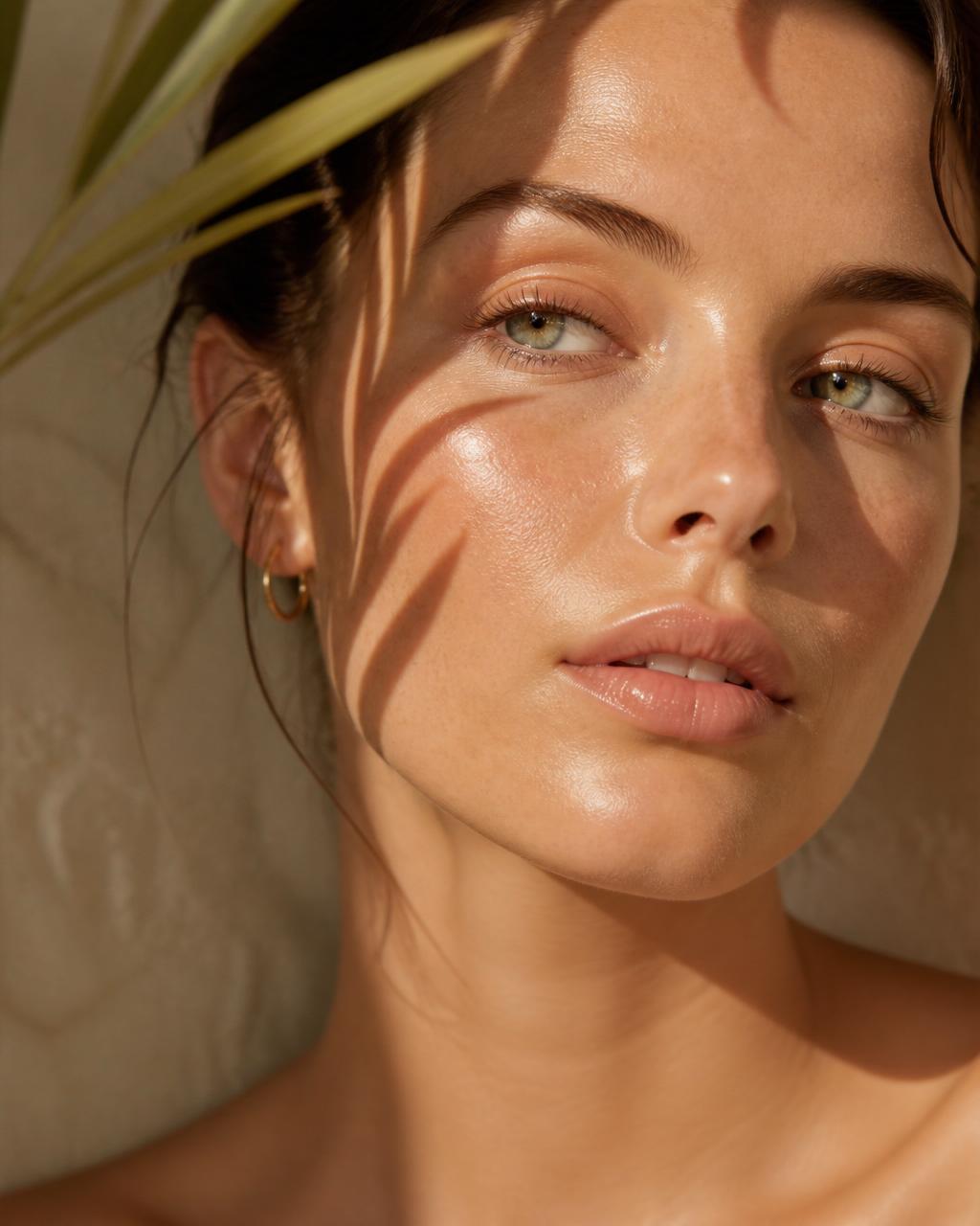 Close-up of a woman with dewy, healthy skin in warm natural light